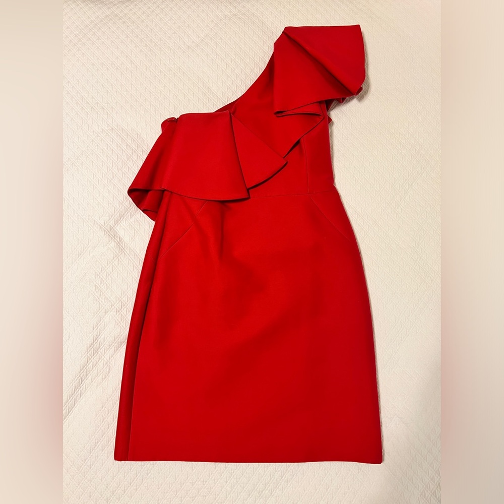 Halston red one shoulder cocktail dress